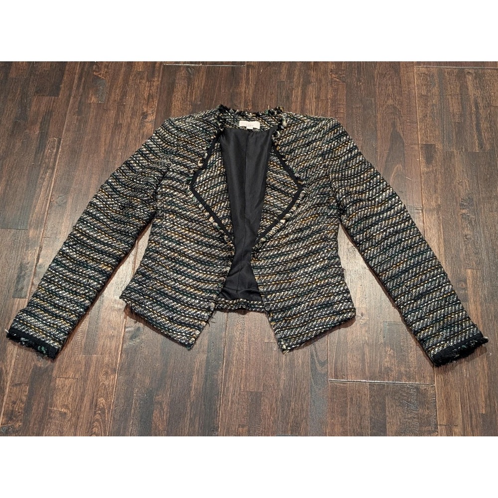 Ann Taylor LOFT Blazer Women 0 Dark Multi Tweed Boucle Open Front Fringe Lined
